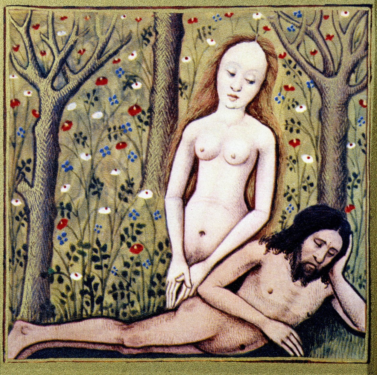 Stvoření Adamova stehna Eva - podle Boccaceho "Des dames de renom", chromo. od French School