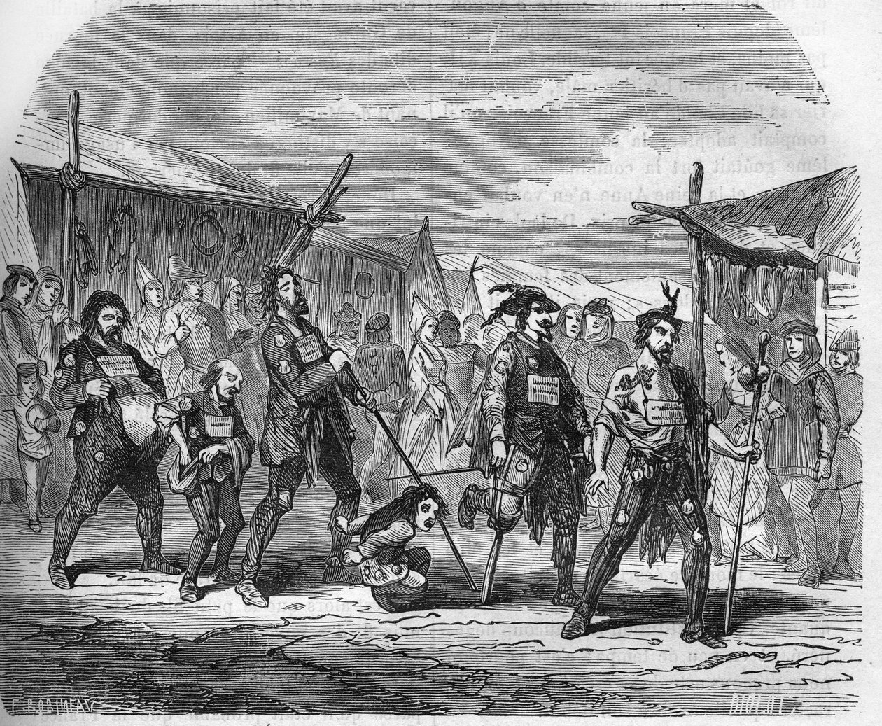 Kriminalita ve středověku: Malandrinové. Rytina do „Historie prostituce a zhýralosti mezi všemi národy světa od starověku po současnost“ od Dr. Th. -F. Debray. 1879. od French School