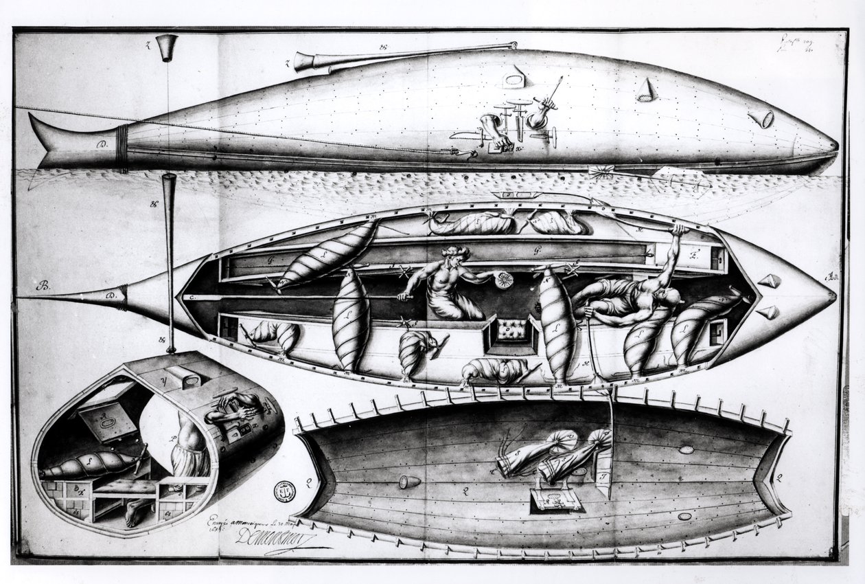 Průřez ponorkou, z rukopisu, březen 1689 od French School