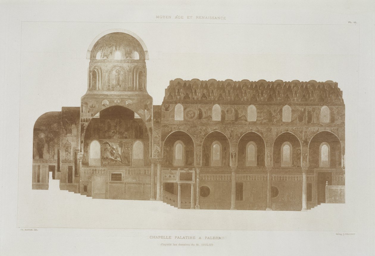 Řez palatinskou kaplí, Palermo, Sicílie, z Fragments dArchitecture du Moyen Age et de la Renaissance, vyryl Jules Adolphe Chauvet (nar. 1828) od French School