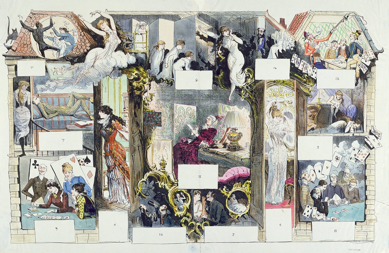 Průřez pařížským domem, ilustrace z La Vie Parisienne, kolem roku 1875 (barevná rytina) od French School