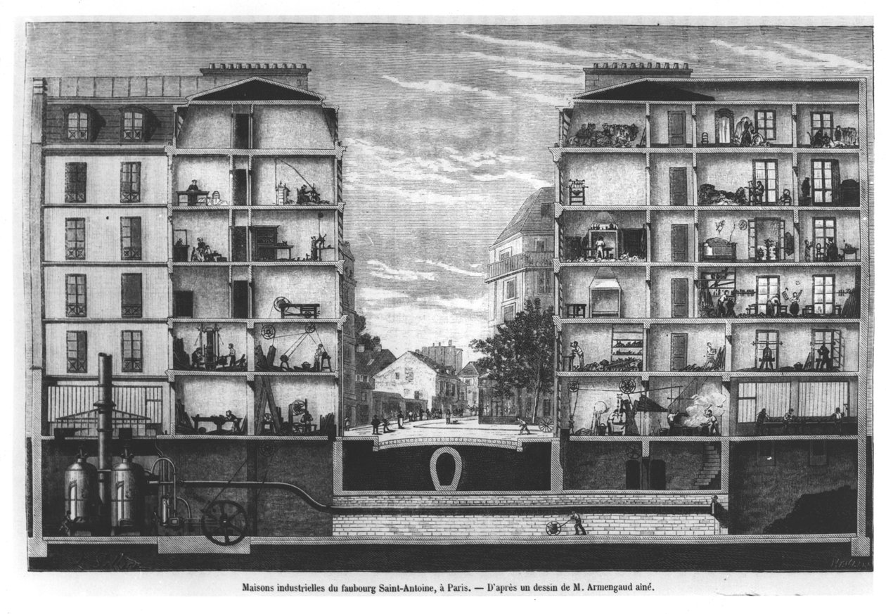 Průřez průmyslovými domy ve Faubourg Saint-Antoine v Paříži, ilustrace z Le Magasin Pittoresque, 1885 od French School