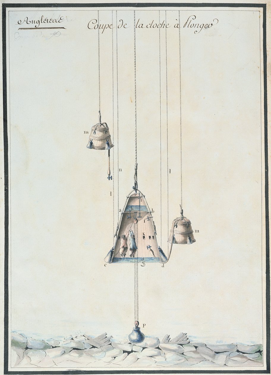 Nákres v řezu potápěčského zvonu, 1785 (wc na papíře) od French School