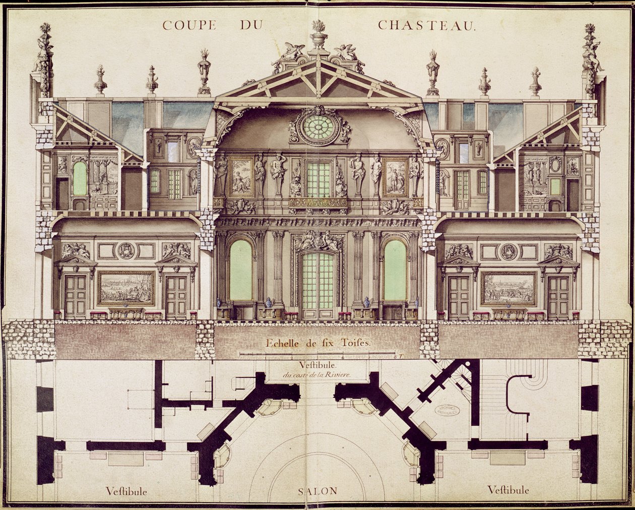 Plán řezu Chateau de Marly, 1714 od French School
