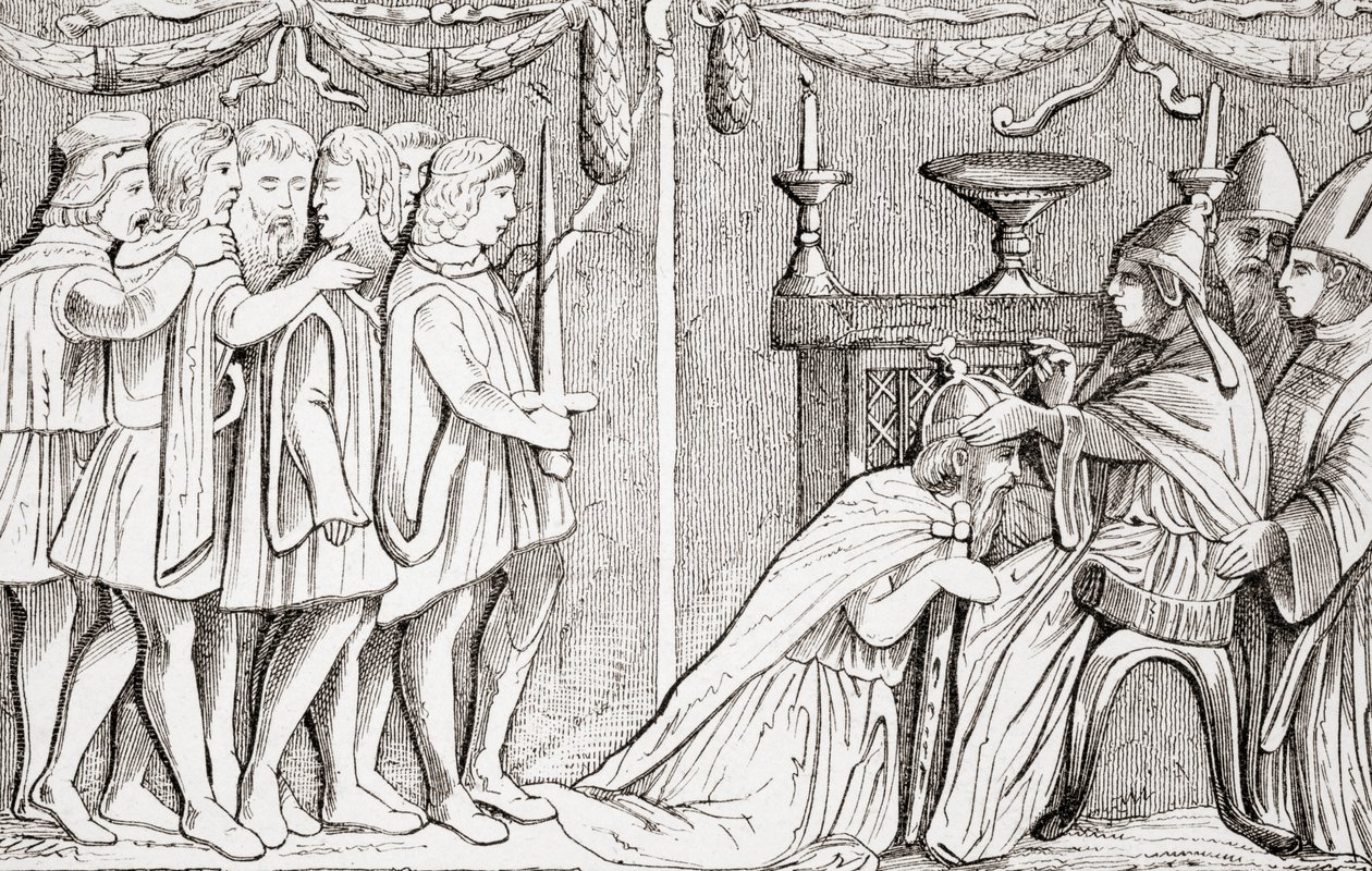 Korunování Zikmunda jako císaře Svaté říše římské papežem Evženem IV v roce 1433, z L"Histoire Universelle Ancienne et Moderne, vydané ve Štrasburku kolem roku 1860 od French School