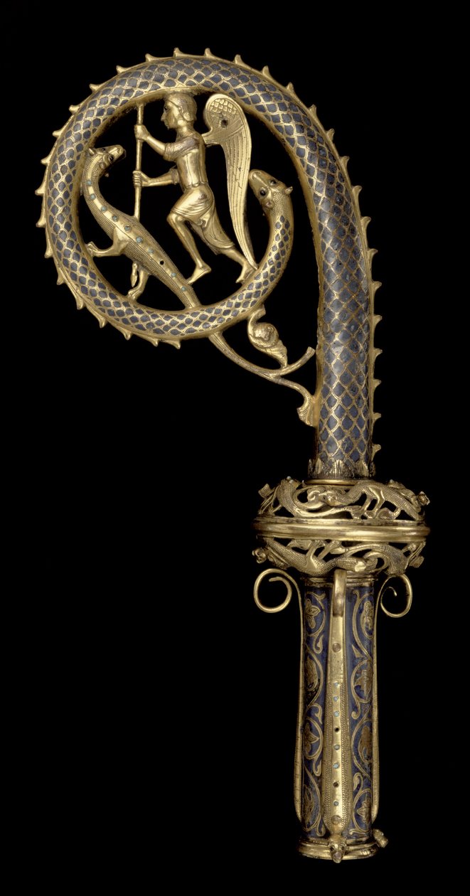 Crozier hlava zobrazující St. Michael Vanquishing the Dragon, Limoges, c.1220-30 (měď, champleve, smalt a zlacení) od French School