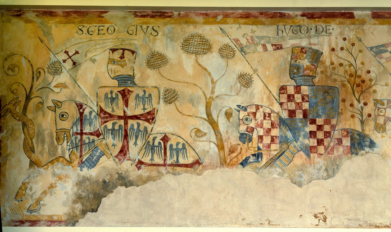 Křížová výprava: odjezd rytířů na křížovou výpravu: reprezentace svatého Jiří a Huga I. z Vermandois (1057-1102) (?) nebo Huga XII. z Lusignanu (?). Detail fresky od Saint Jacques de Gueret od French School