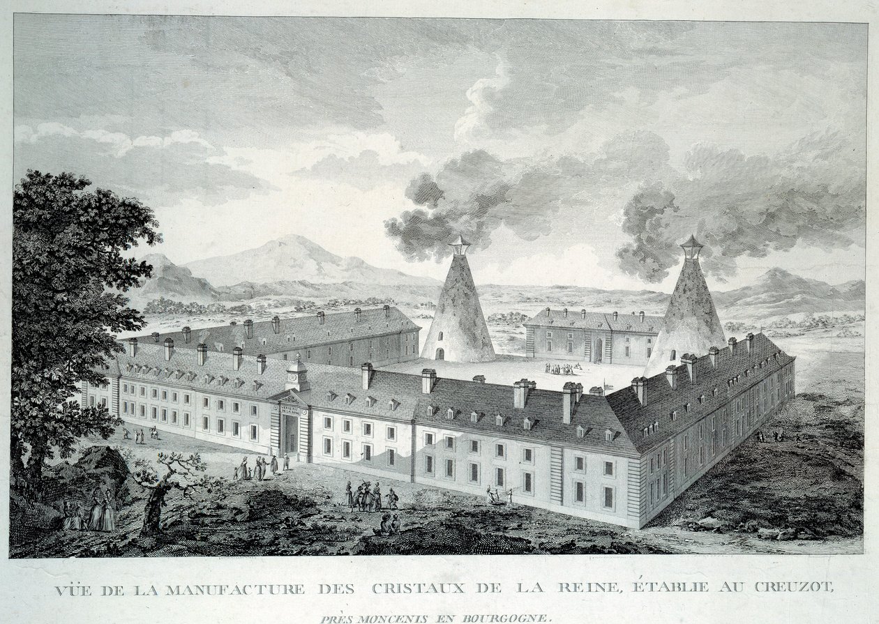 Křišťálová díla královny Marie Antoinetty v Creusot u Moncenis v Burgundsku. Rytina z roku 1787. Le Creusot, Ecomusee od French School