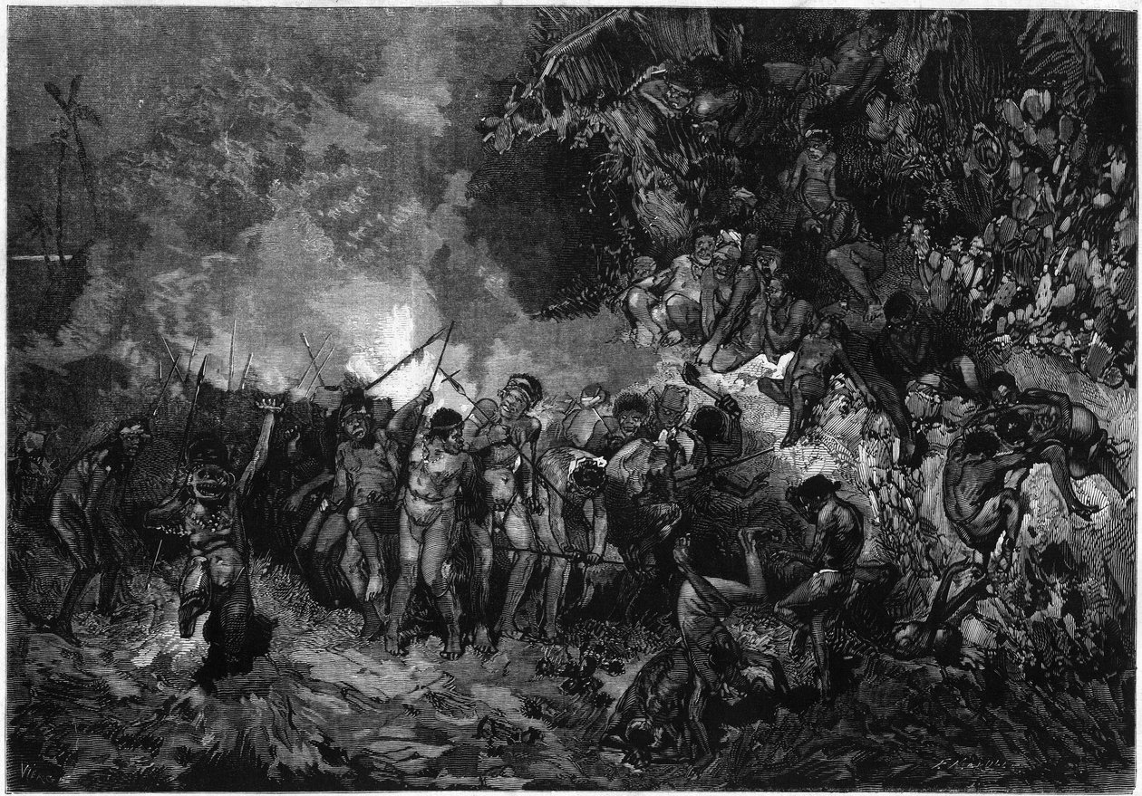 Custom of New Caledonia: Pilou pilou (Pilou-pilou), traditional Kanak dance. Engraving in “” Le Monde Illustré”” n°772 of 27 January 1872. od French School
