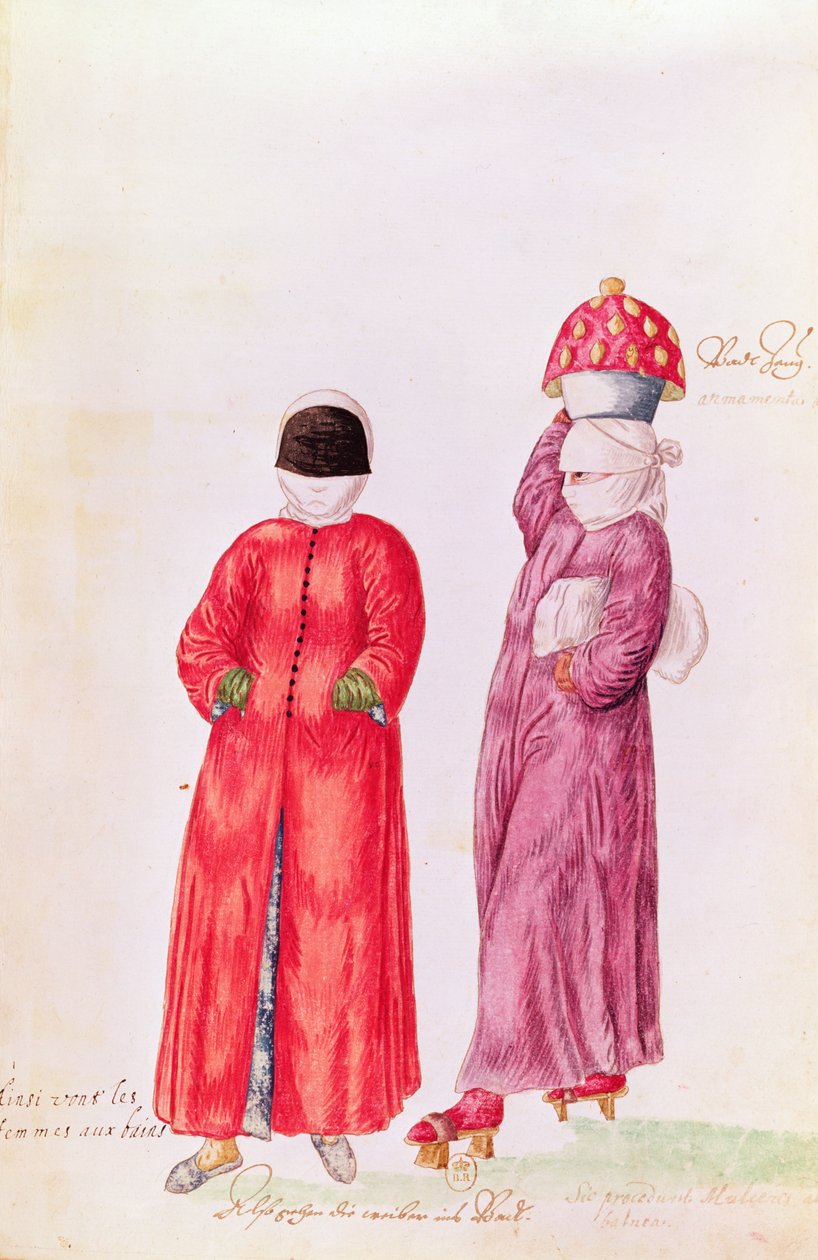 Zvyky a kroje východních zemí a různých stavů oblékání - ženy se koupat, 1513 (barevná rytina) od French School
