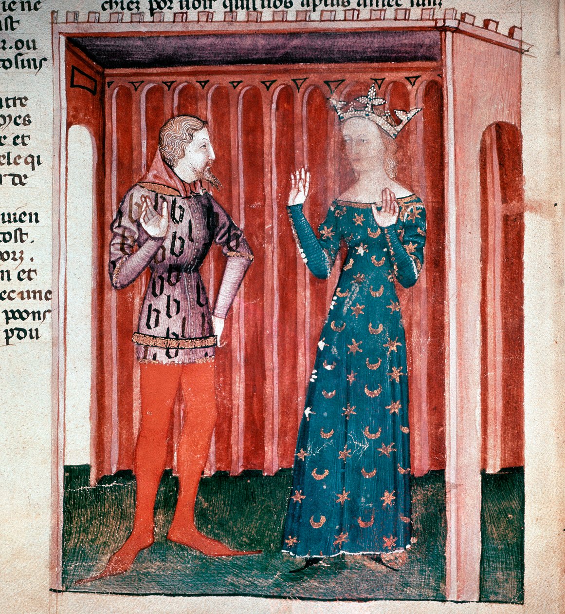 Cyklus krále Artuše: Rytíř Lancelot du Lac a královna Guenievre. Miniatura z rukopisu „“ La quete du saint grail““ (ms. fr 343 fol. 6) 1380-1385 Paris B.N. od French School