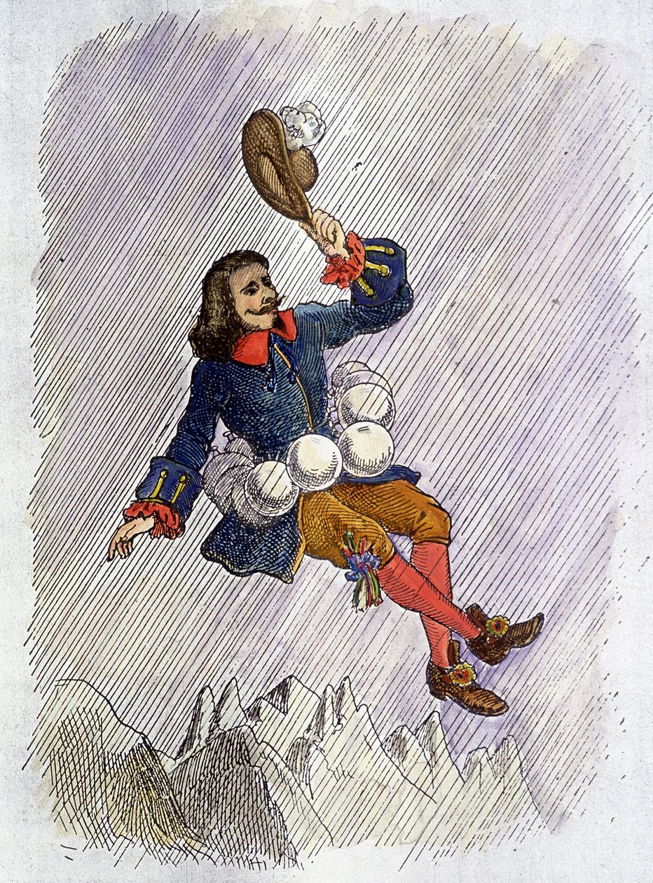 Cyrano de Bergerac schopný svými lahvičkami, ilustrace románu Cyrano de Bergerac: „“ L