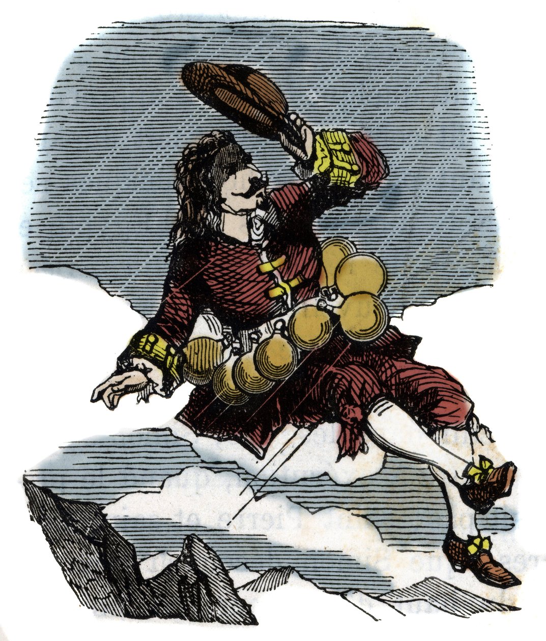 Cyrano de Bergerac stoupá na oblohu díky lahvičkám růžové růže a plavbě na Měsíc, ilustrace románu Hercules Savinien Cyrano de Bergerac (1619-1655): „“Ostatní svět““ od French School