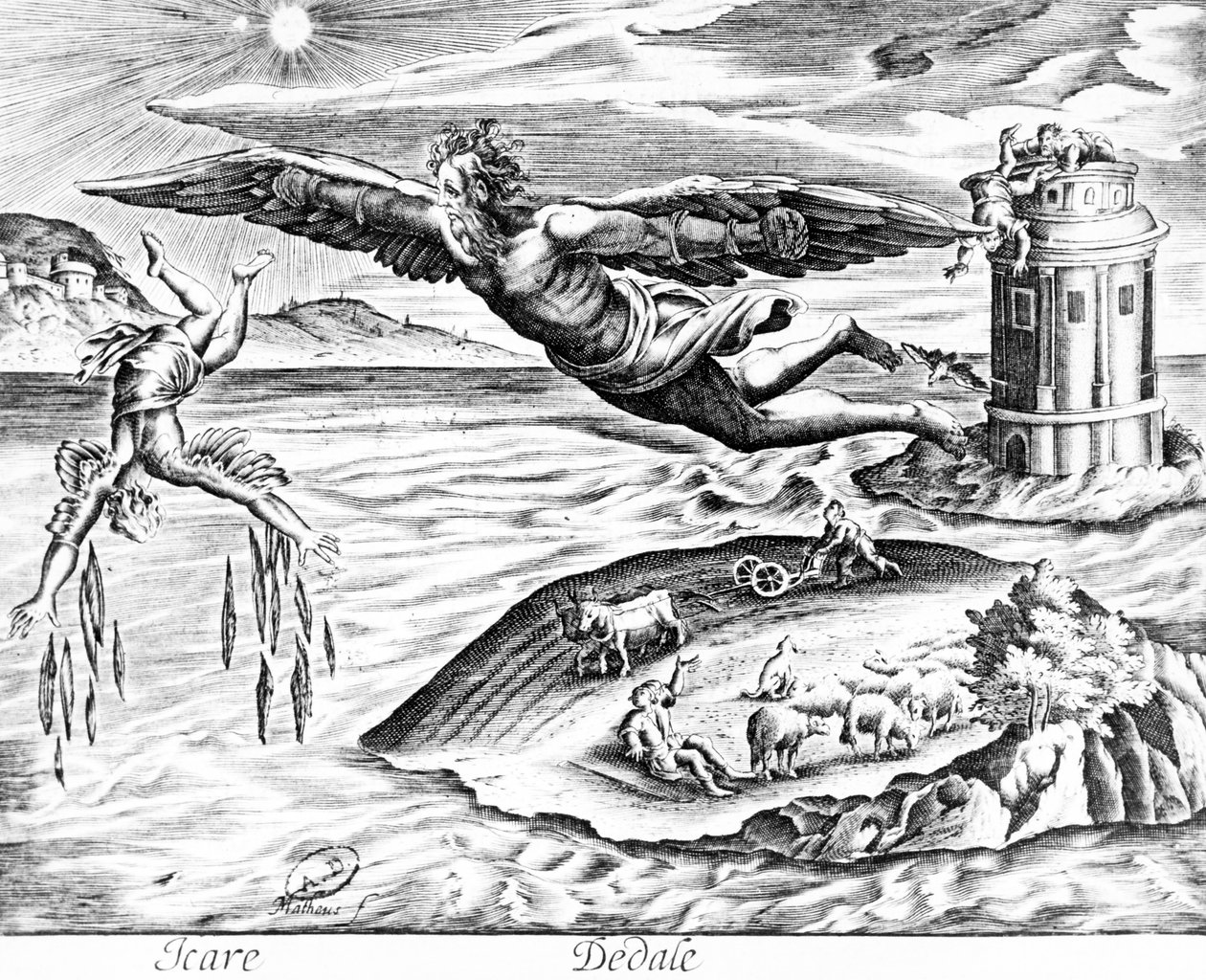 Daedalus na útěku z Kréty se svým synem Ikarem, vidí ho padat k smrti, 1619 od French School