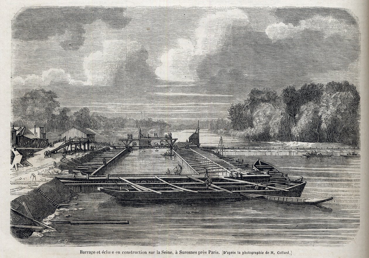 Přehrada vybuchla na Seině v SURESNES v roce 1866 - Rytina - Le Monde Illustré 1866 od French School