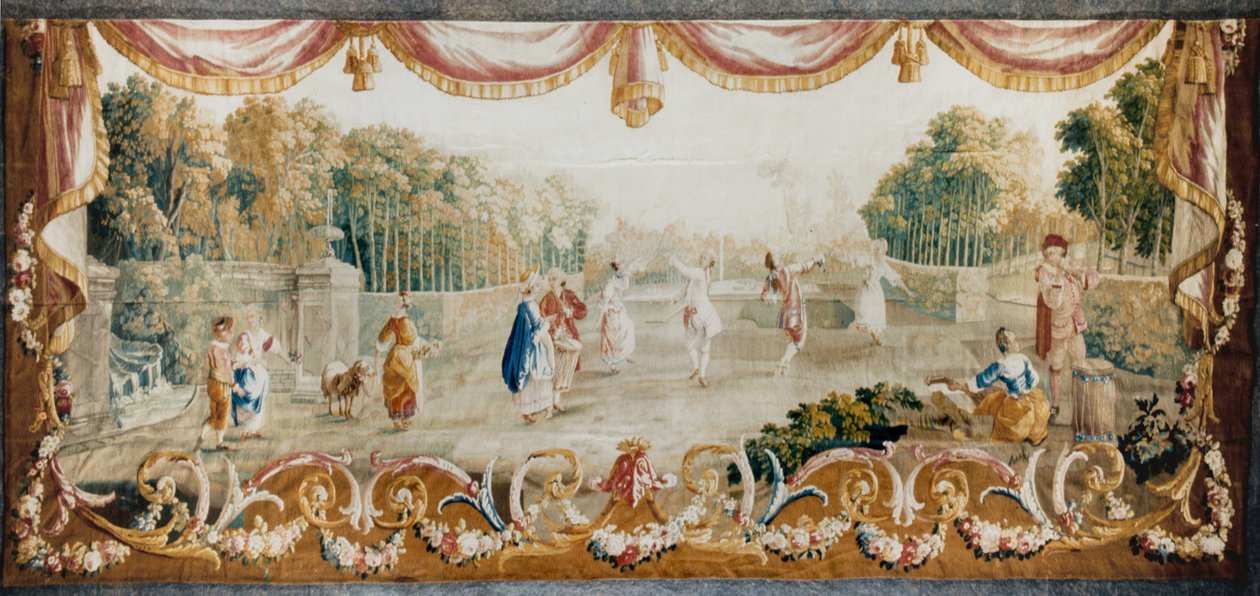 Dance in a Park, Aubusson Tapestry Workshop, kolem 1782 (vlna a hedvábí) od French School