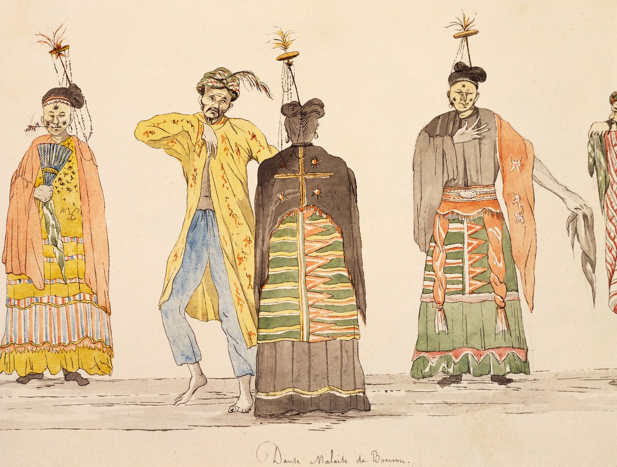 Tanec pocházející z Buru na Molukách, akvarel od Jules-Louis Lejeune, založený na Cestě kolem světa od French School