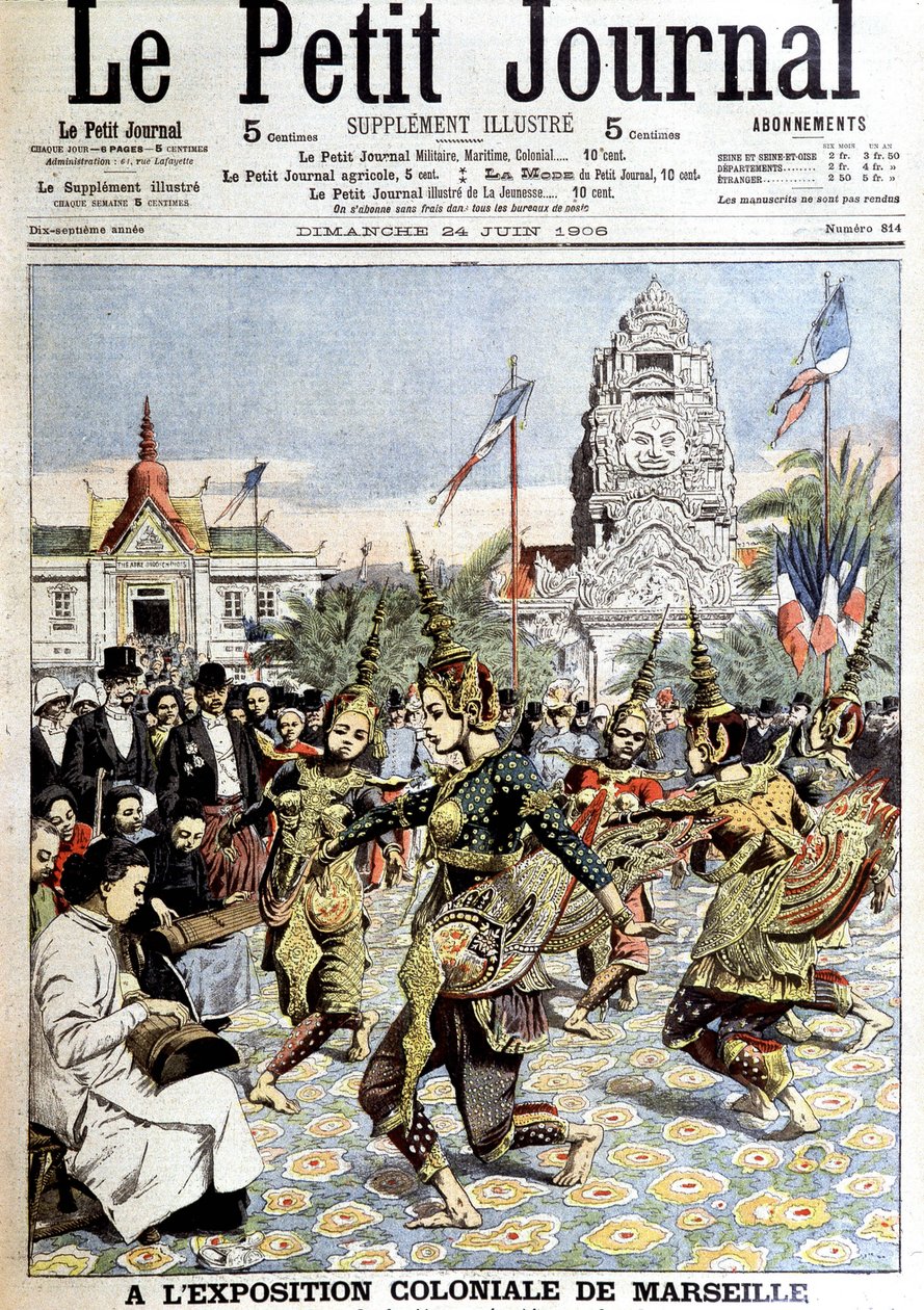 Tanečníci krále Sisowatha předvádějící tanec nymf v lese na koloniální výstavě v Marseille. V „“ Le petit journal““, dne 24. 6. 1906 (rytina) od French School