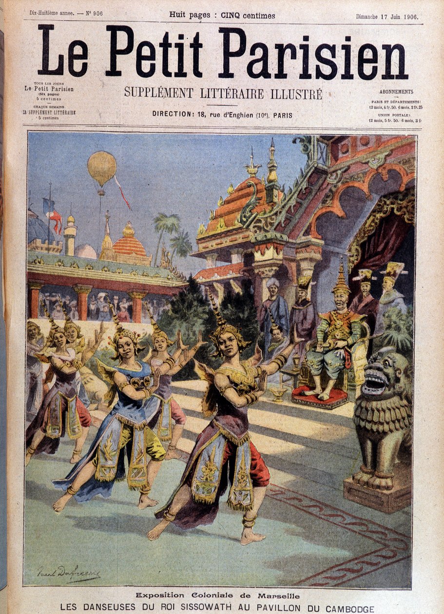 Tanečníci krále Sissovatha v pavilonu Kambodže, koloniální výstava Marseille - v „“Le Petite Parisien““ od 17.6.1906. od French School