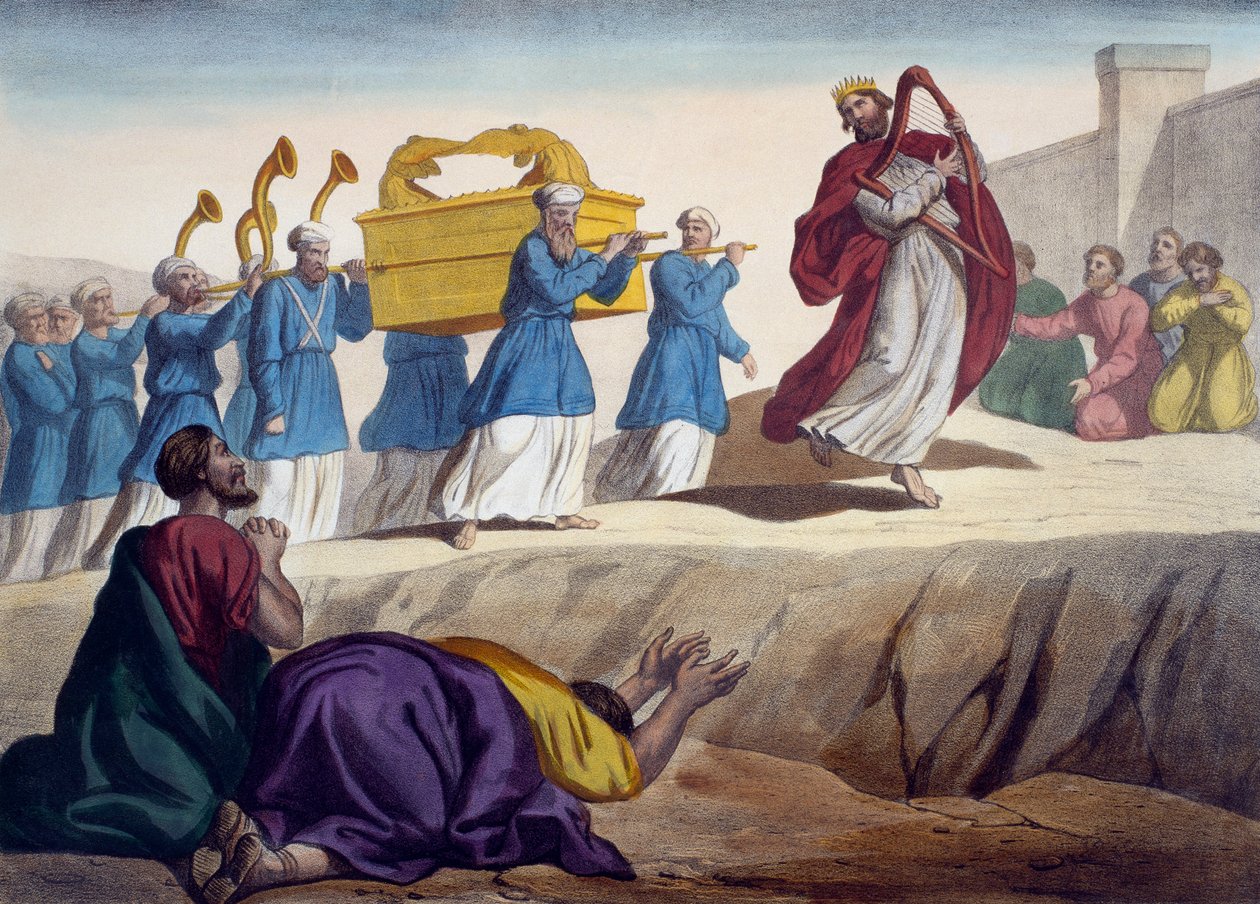 David doprovází archu úmluvy do Jeruzaléma, ilustrace z katechismu LHistoire Sainte, vydal Charles Delagrave, Paříž, konec 19. století od French School