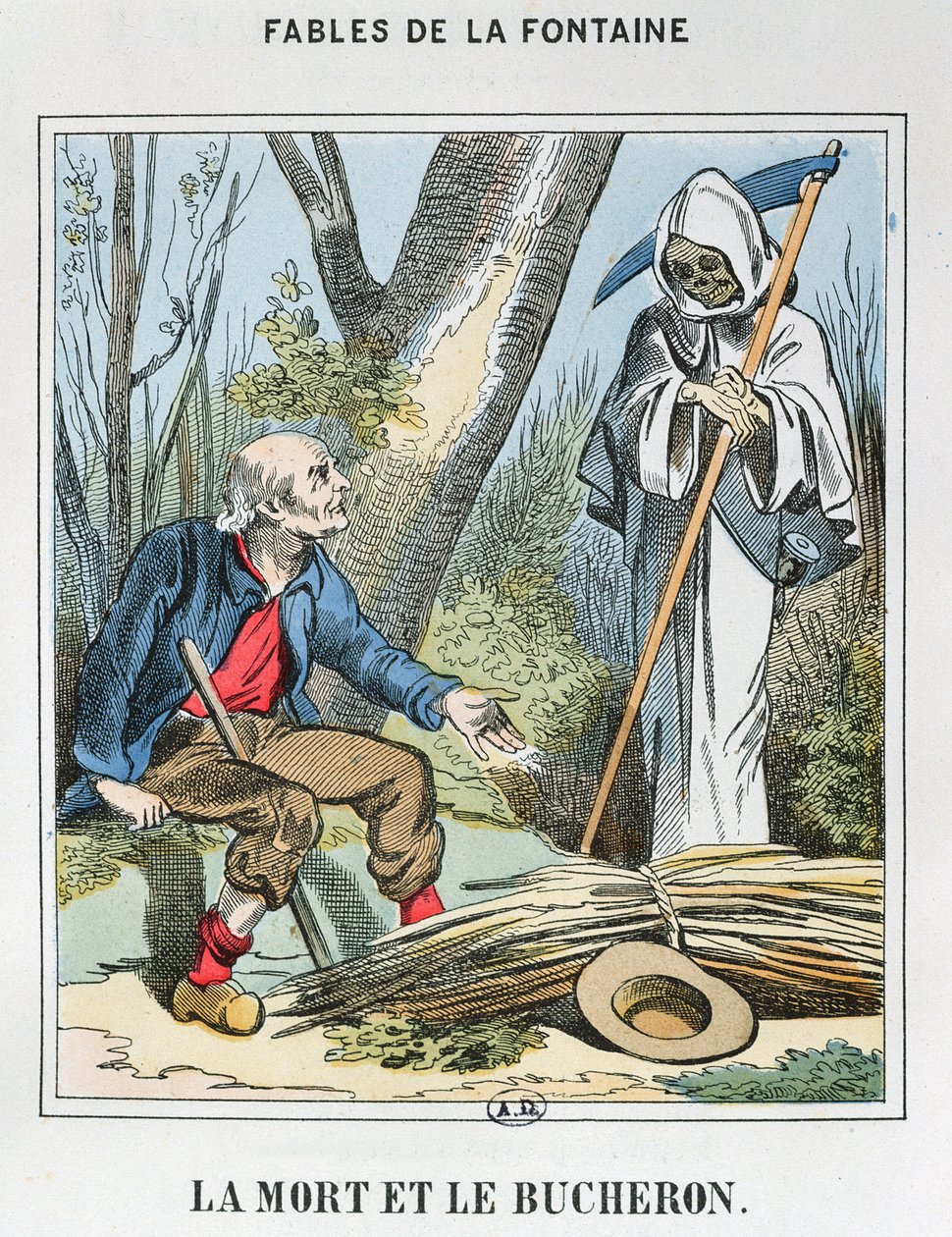 Death and the Woodman (barevná rytina) od French School