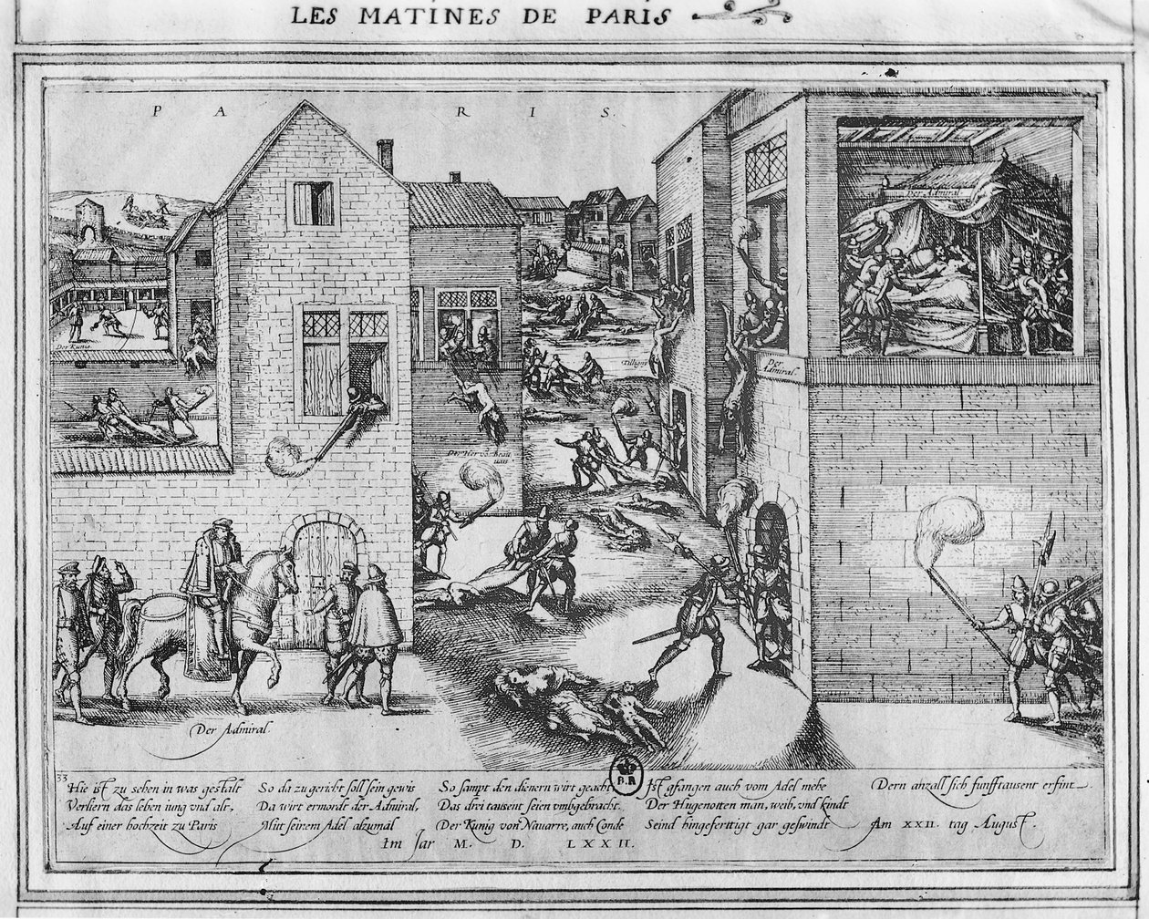 Smrt admirála Gasparda II de Coligny (1519-72) v době masakru svatého Bartoloměje v roce 1572 (viz 187818 pro barvu) od French School