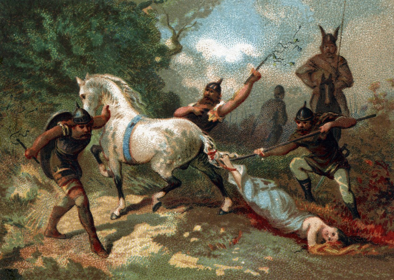 Smrt Brunehauta (nebo Brunehildy) (přivázaná k ocasu nezdolného koně) nařízená Clotairem II (613). Chromolitografie konce 19. století. od French School