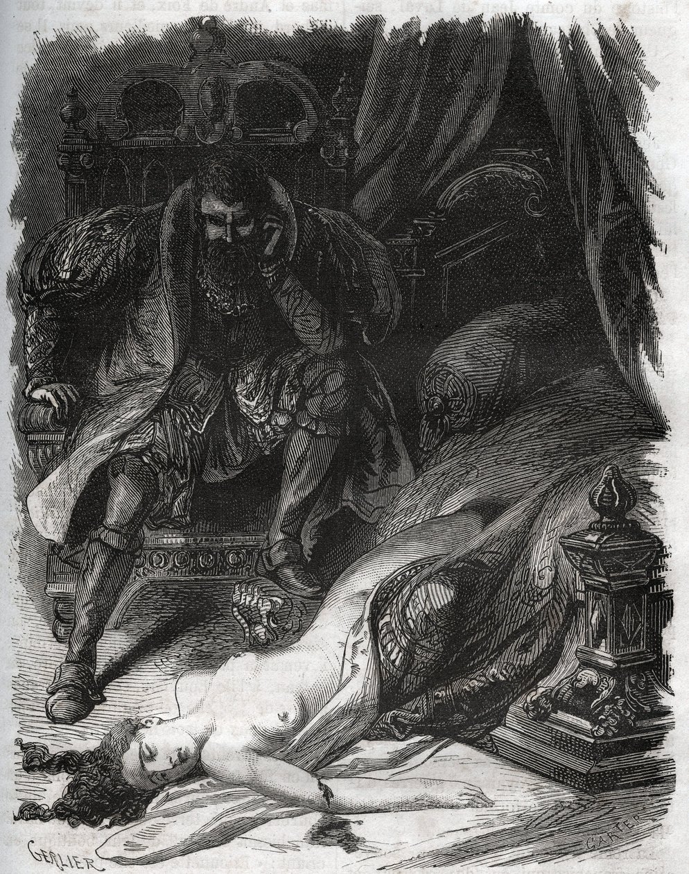 Smrt Francoise de Foix, hraběnky z Chateaubriant (asi 1495-1537), zavražděná svým manželem Jeanem de Laval Comte de Chateaubriant (Laval-Chateaubriant) (1486-1543), který se tak pomstil nevěrcům své ženy. Rytina z roku 1871 v „Histoire Des od French School