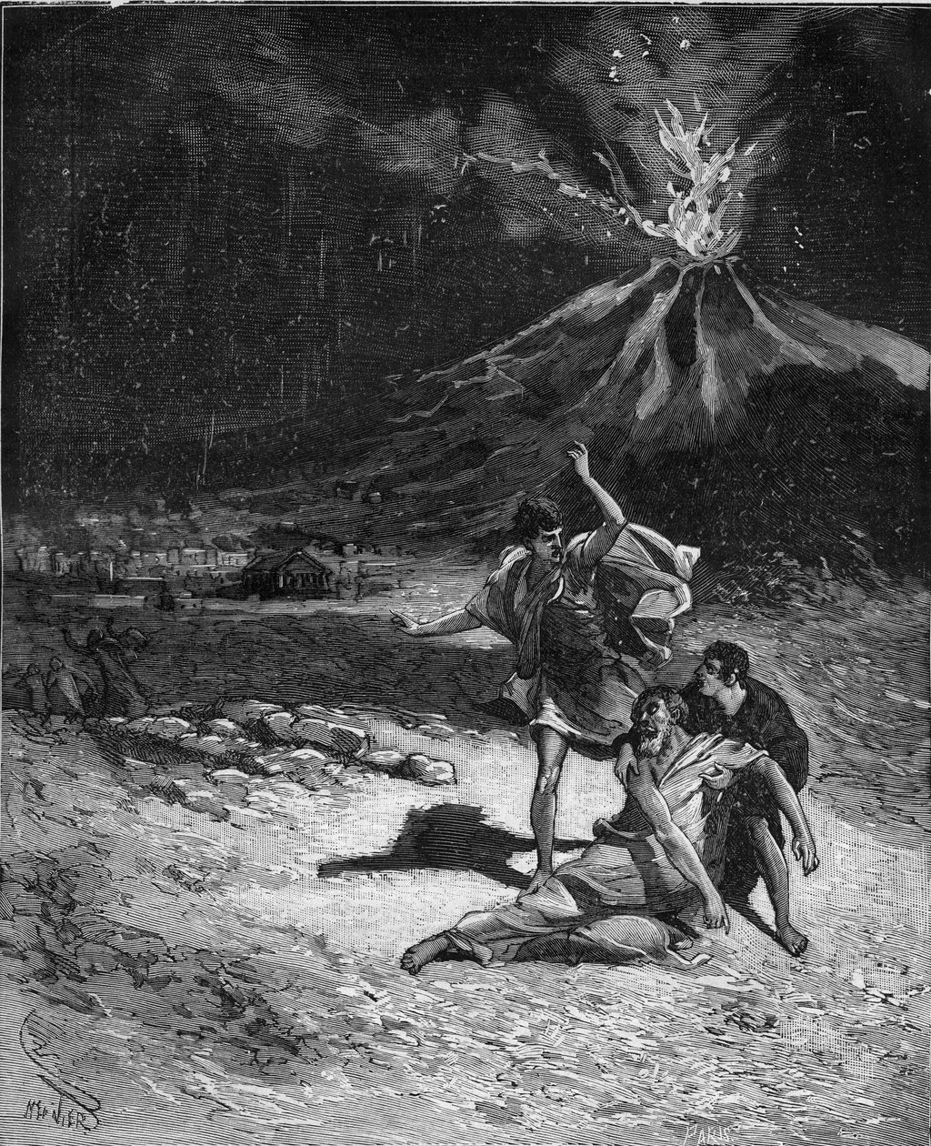 Smrt Gaia Pliniuse Secunduse staršího. Plinius starší (23-79), přírodovědec a latinský spisovatel (Během erupce Vesuvu; v roce 79 tam nenáviděl běžet, aby pozoroval tento jev; ale když se přiblížil příliš blízko k sopce, byl udušen b od French School