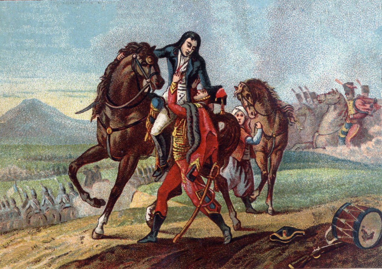 Smrt generála Charlese Antoine Desaix de Veygoux (1768-1800) v náručí syna konzula Lebruna v bitvě u Marenga od French School