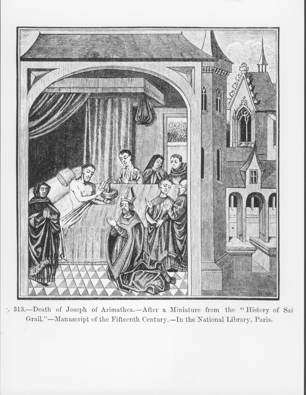 Smrt Josefa z Arimatie, z Historie Saint Graal, ilustrace z Vědy a literatury ve středověku a renesanci, napsal a vyryl Paul Lacroix, 1878 ( od French School