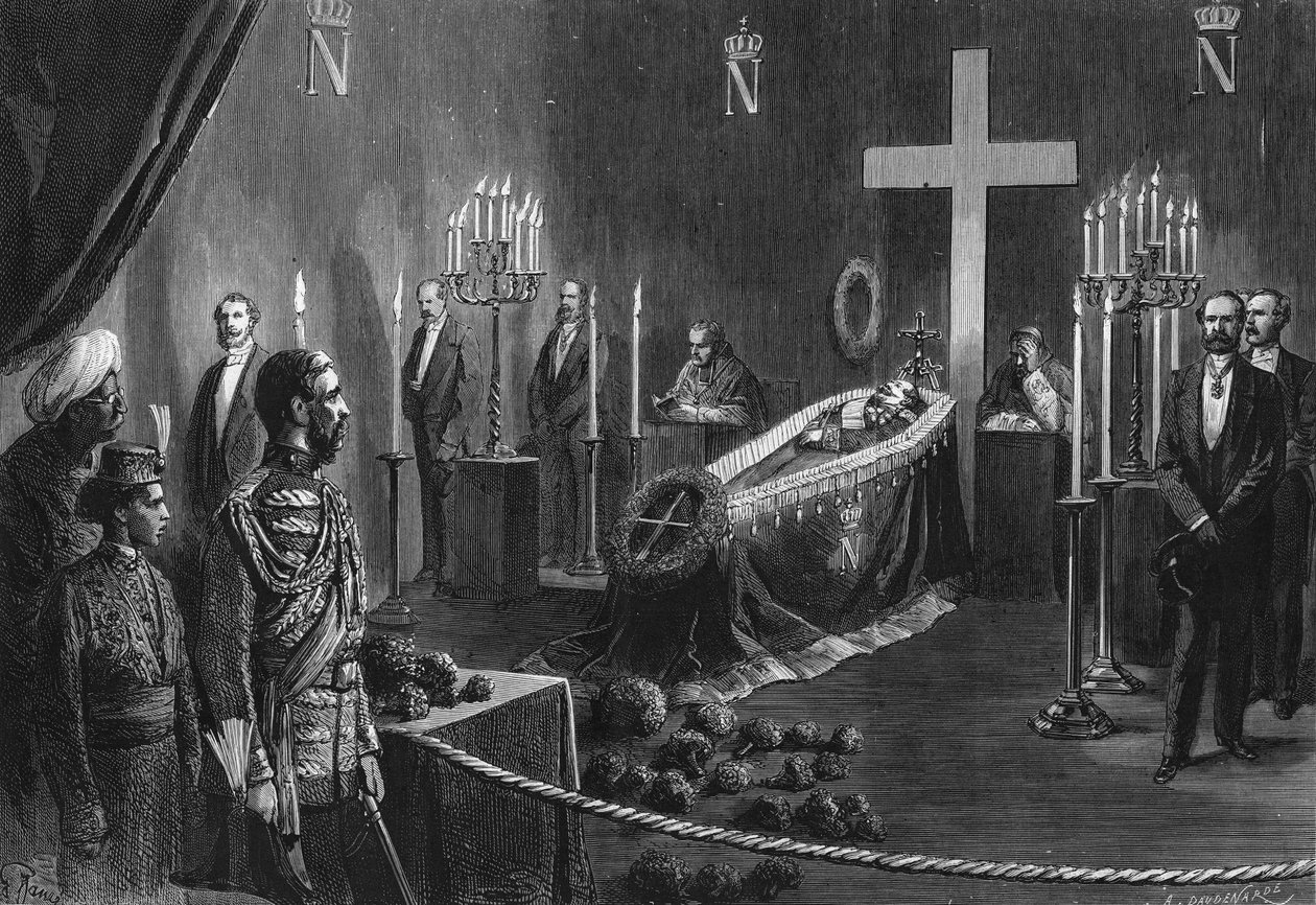 Smrt Napoleona III.: ostatky Napoleona III. v hořící kapli Camden House dne 14. února 1873. od French School