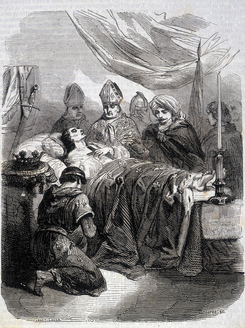 Smrt Saint Louis v Palestině v roce 1270 - v „“ Histoire de France““ od L.-P. Anquetil od French School