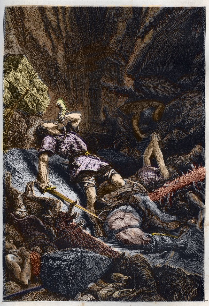 Smrt rytíře Rolanda, synovce Karla Velikého, v bitvě u Roncevaux (778) proti Armée Karla Velikého a Saracénům - Smrt Rolanda v bitvě u průsmyku Roncesvaux, 778 - rytina z „“ L