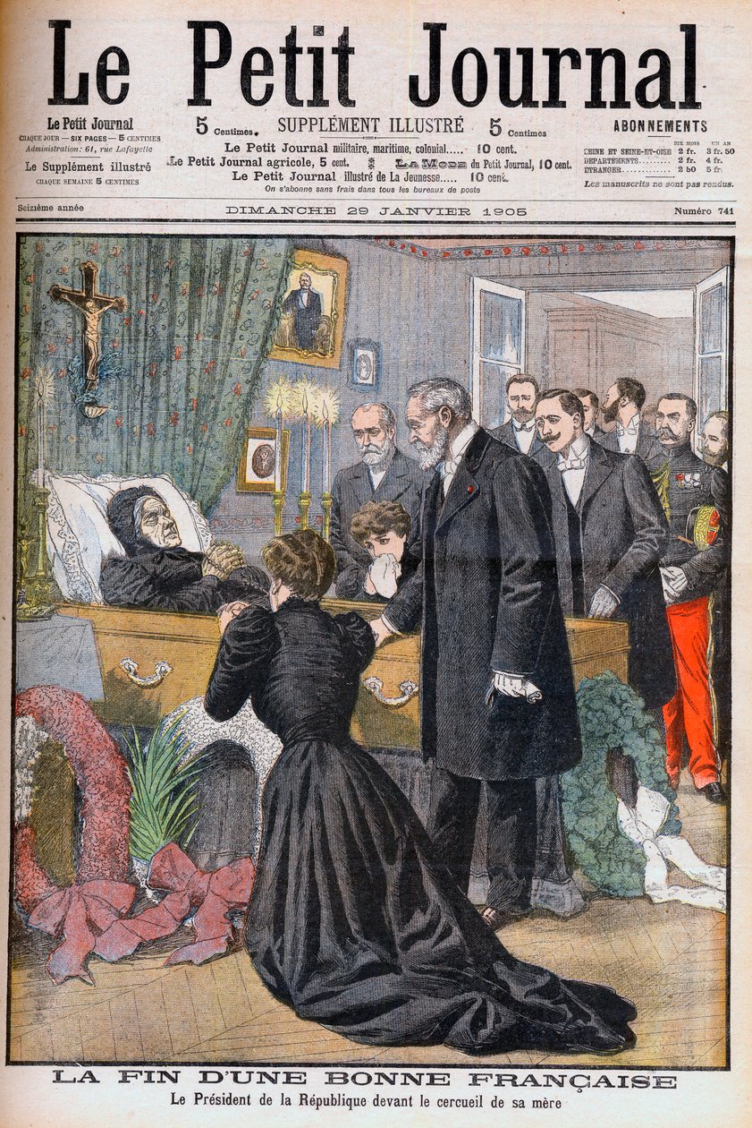 Smrt matky francouzského prezidenta Loubeta. Konec dobré Francouzky. Prezident republiky před rakví své matky. Ilustrace pro Le Petit Journal, 29. ledna 1905 (rytina) od French School