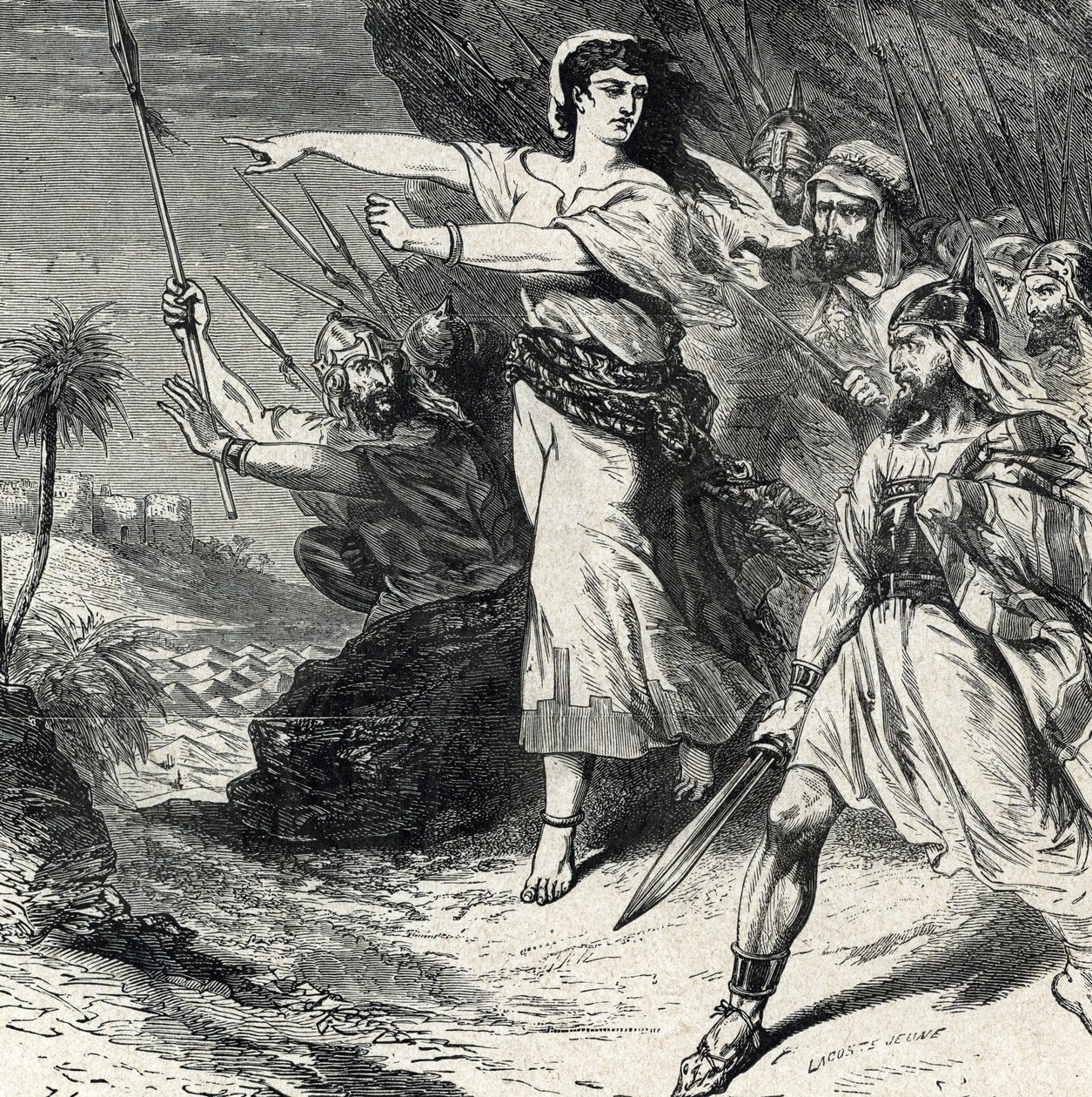 Debora johdattaa Jabinin, Kanaanin kuninkaan, sortamaa Israelin kansaa taistelemaan. Kaiverrus "Pyhästä historiasta", Lahure 1800-luvun yksityiskokoelmasta od French School