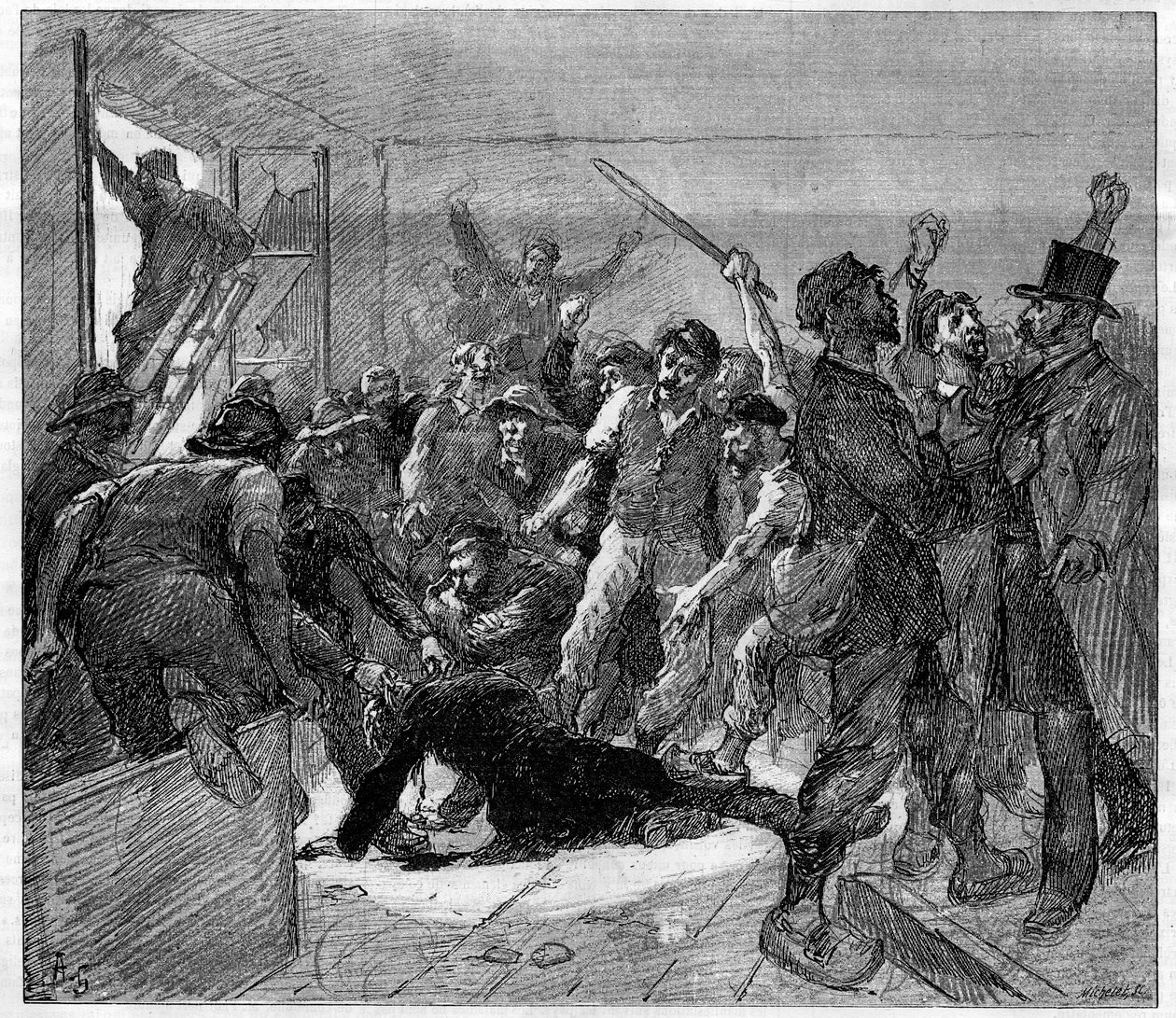 Decazeville (Aveyron) stávka horníků v roce 1886: inženýr Watrin byl zavražděn Grevisty. Rytina v „“ Le Monde Illustré“, 6. února 1886. od French School