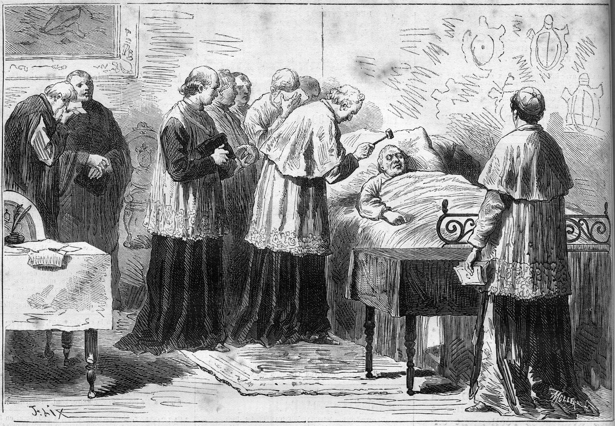 Deces of Pope Pius IX (Pio) (1792-1878): rituál uznání smrti papeže. Kardinál udeří stříbrným kladivem do čela nebožtíka. Rytina v „“ Le Monde Illustré““ č. 1089 ze dne 16. února 1878. od French School