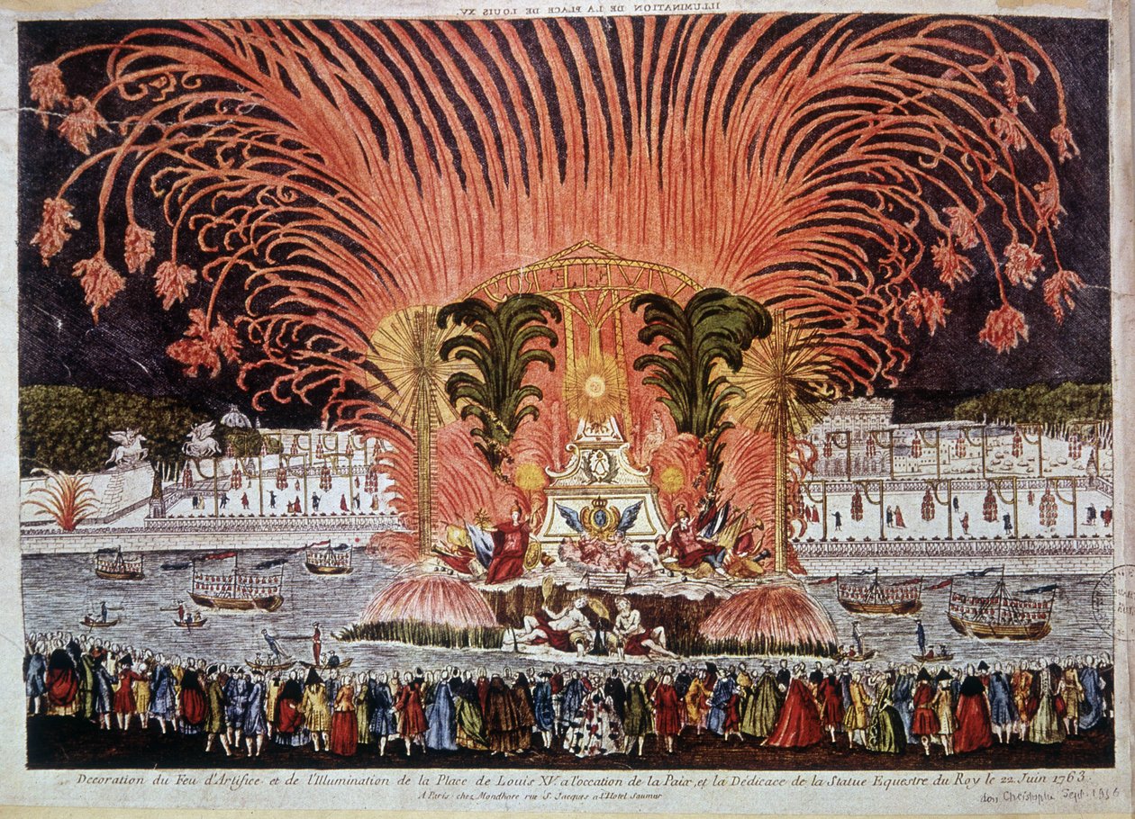 Výzdoba ohňostroje a osvětlení Place de Louis XV u příležitosti míru a posvěcení jezdecké sochy krále dne 22. června 1763 od French School