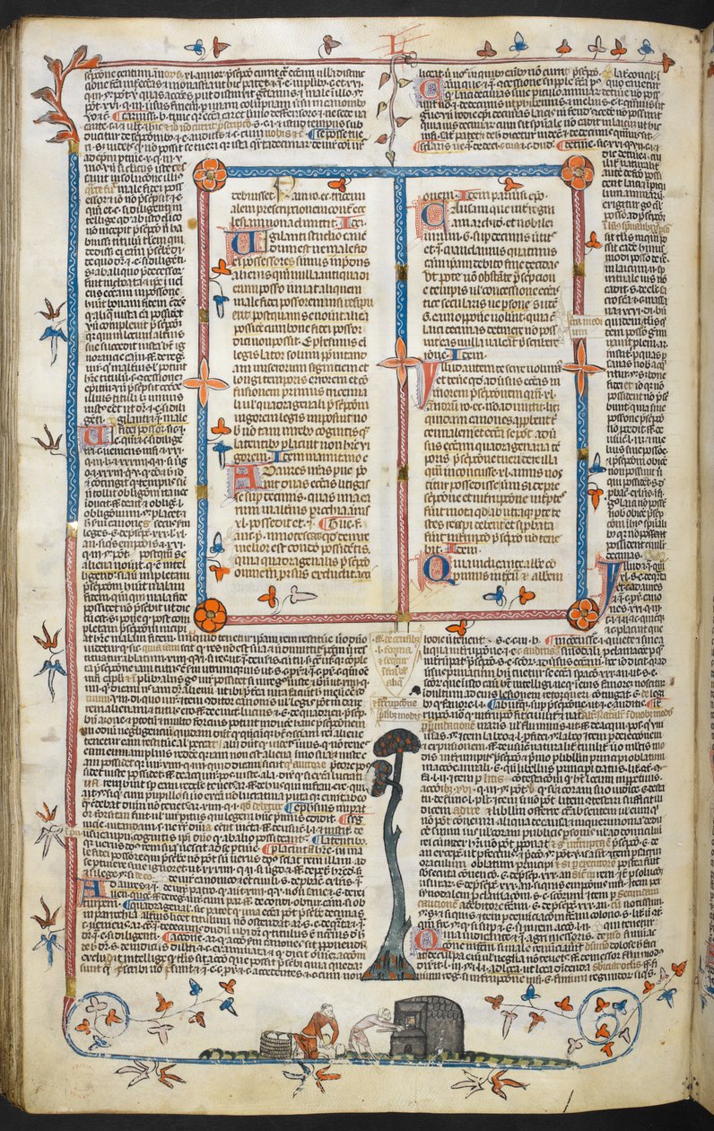 Dekretály Řehoře IX s leskem Bernarda z Parmy („Smithfield Decretals“), MS Royal MS 10 E IV, f.145v, c.1300-40 (inkoust na pergamenu) od French School