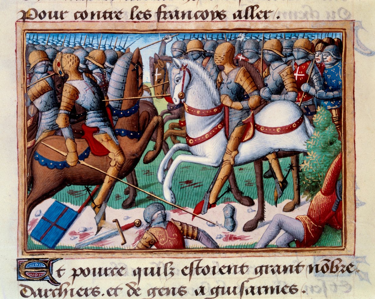 Porážka vévody z Clarence u Grand-Baugy v Anjou (1421). Miniatura v knize "Vigiles du roi Charles VII" (Folio 24v) od Martiala d