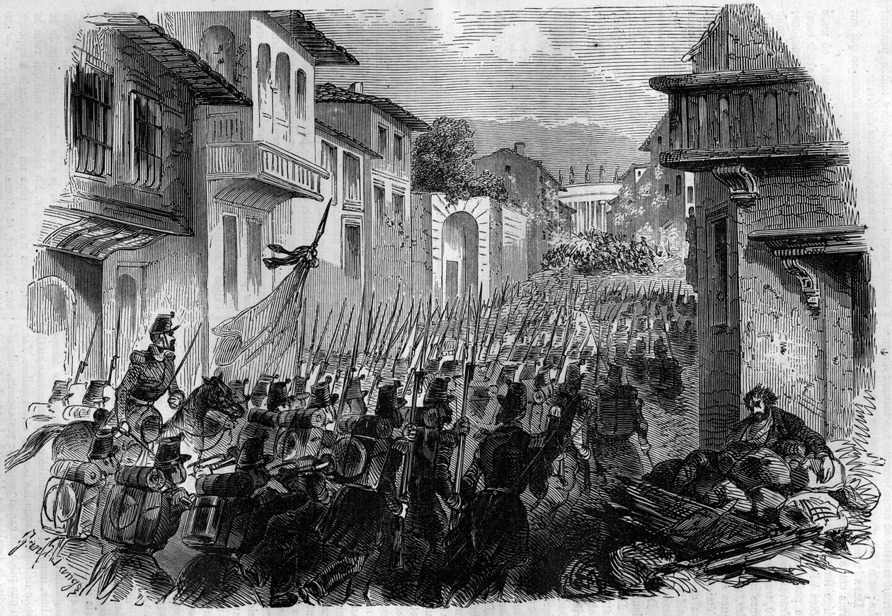 Obrana Říma proti francouzské armádě. Generál Oudinot se 30. června 1849 zmocnil Říma v bitvě u Janicule a v červenci pronásledoval revolucionáře, aby odpověděli papeži Piovi IX. Rytina v „Histoire des Papes-Rois-Queen and Empereurs a travers les centur od French School