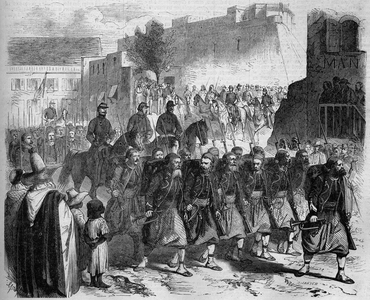 Znečišťujte 2. Zouaves, zpět z Kabylie, před generálem de Montaubanem. Oran, Alžírsko od French School