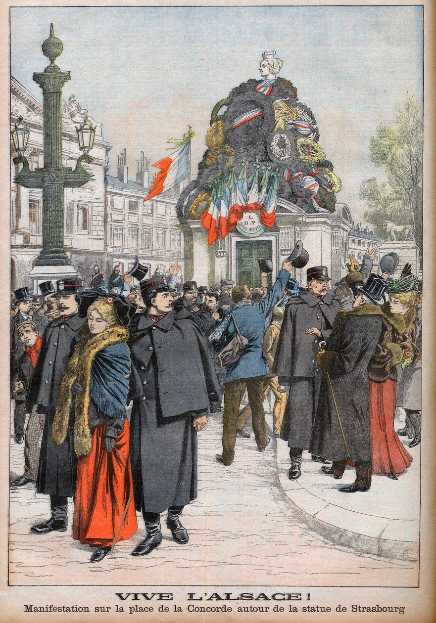 Demonstrace vyzývající k navrácení Alsaska Francii. Demonstranti obklopující sochu Štrasburku na náměstí Place de la Concorde v Paříži. Ať žije Alsasko! Demonstrace na náměstí Place de la Concorde kolem sochy Štrasburku. Ilustrace pro "L od French School