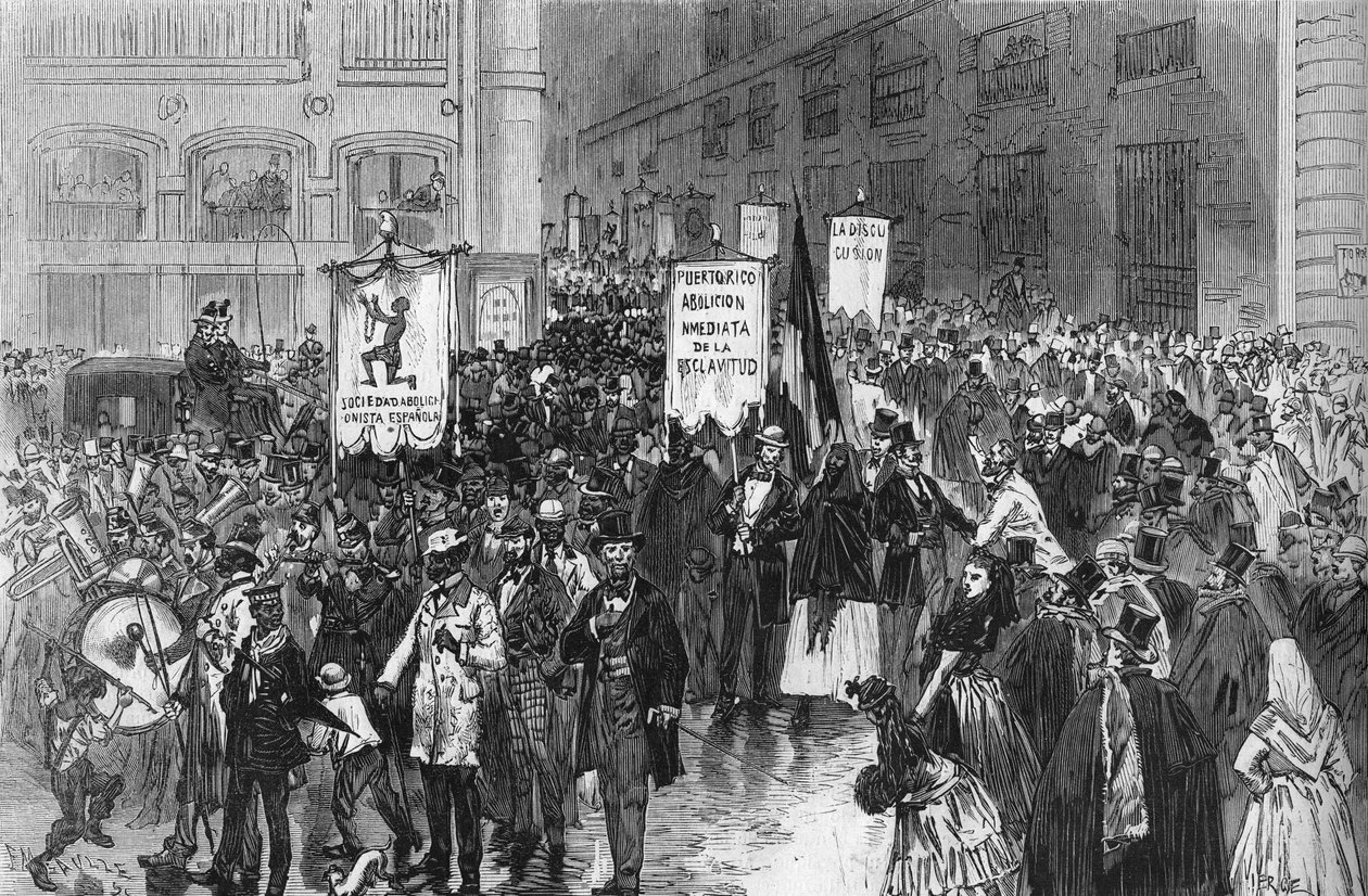 Demonstrace v Madridu v roce 1873 za zrušení otroctví ve španělských koloniích. od French School