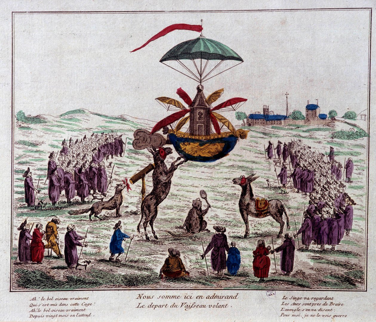 Odlet ze satiry létající lodi na létajícím stroji, který si představil Jean-Pierre Blanchard (1753-1809): osli, opice a slepý pohled na podivný stroj vybavený šesti křídly a kormidlem. Rytina z konce 18. století. Paříž, Musee Carn od French School