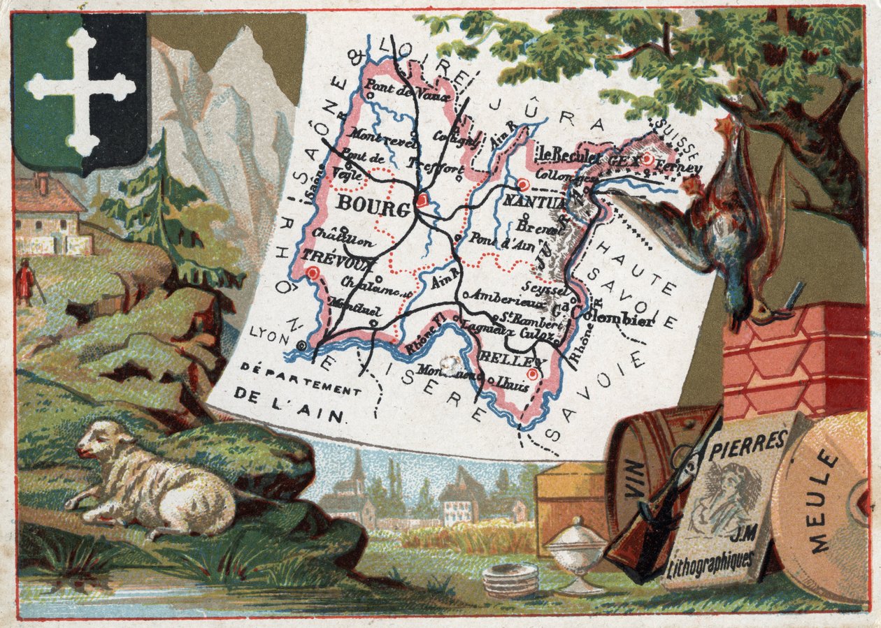 Departement Ain (01), Rhone-Alpes (Rhone Alpes), Francie. Místní specialita: chov, lov, víno, brusný kotouč a litografie. Seriál o francouzských departementech. Chromolitografie (Chromo) „“geografické vlákno“, kolem roku 1920. Soukromá sbírka. od French School