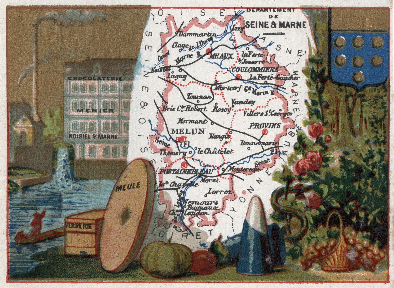 Departement Seine a Marne (Seine-Et-Marne, 77), Ile de France (Ile-De-France), Francie. Místní specialita: čokoládovna Menier chocolaterie v Noisiel sur Marne (Noisiel-sur-Marne), sklo, mlýnský kámen. Seriál o francouzských departementech. Chromolitho od French School