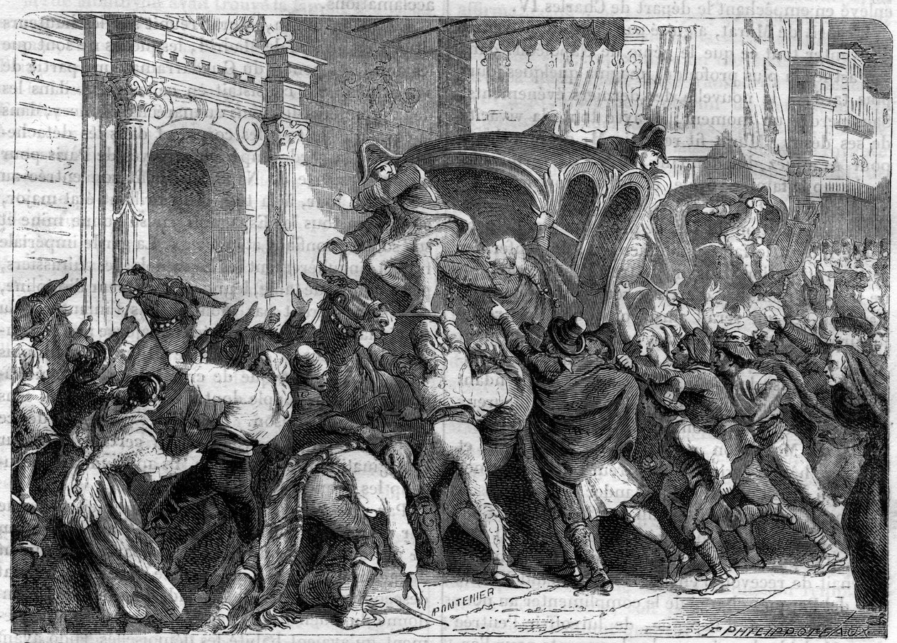 Odjezd krále Ferdinanda VII do Bayonne 1808 (Abdikace Bayonne) - Odjezd na rozhovor do Bayonne (1808) - Lidé ve Vittorii ve Španělsku chtějí zabránit odchodu Ferdinanda VII do Bayonne - v „“ Dějinách říše po h od French School