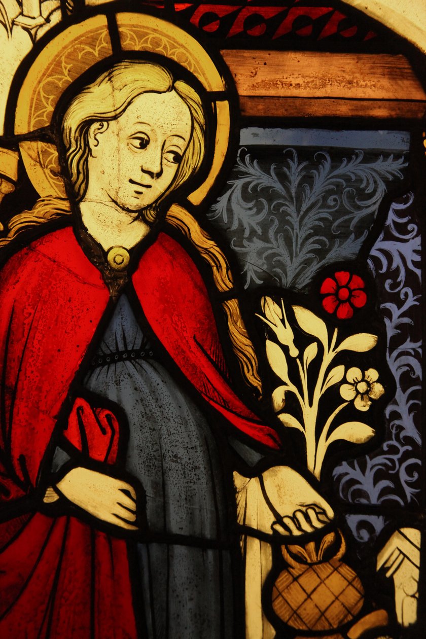 Zobrazující detail Panny Marie při Zvěstování, původně z Horního Porýní (vitráže) od French School